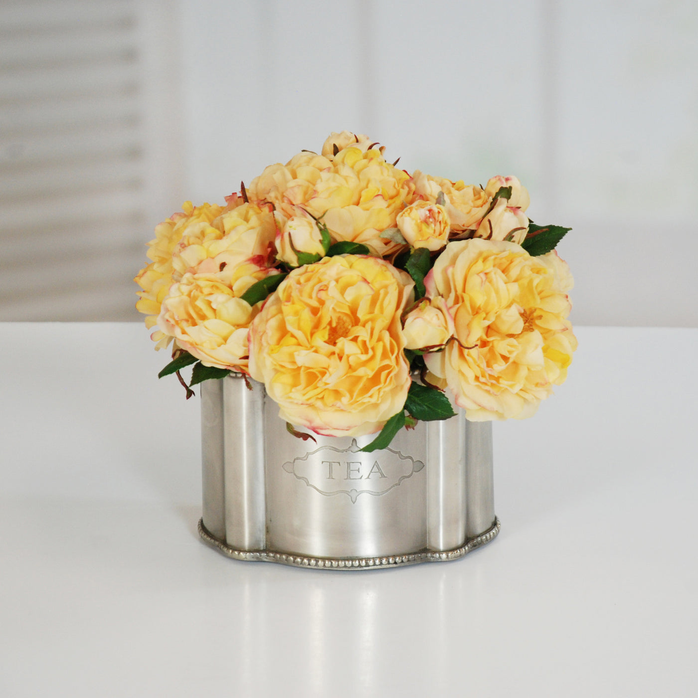 ROSE IN SILVER TIN (WHI019-GO) - Winward Home faux floral arrangements