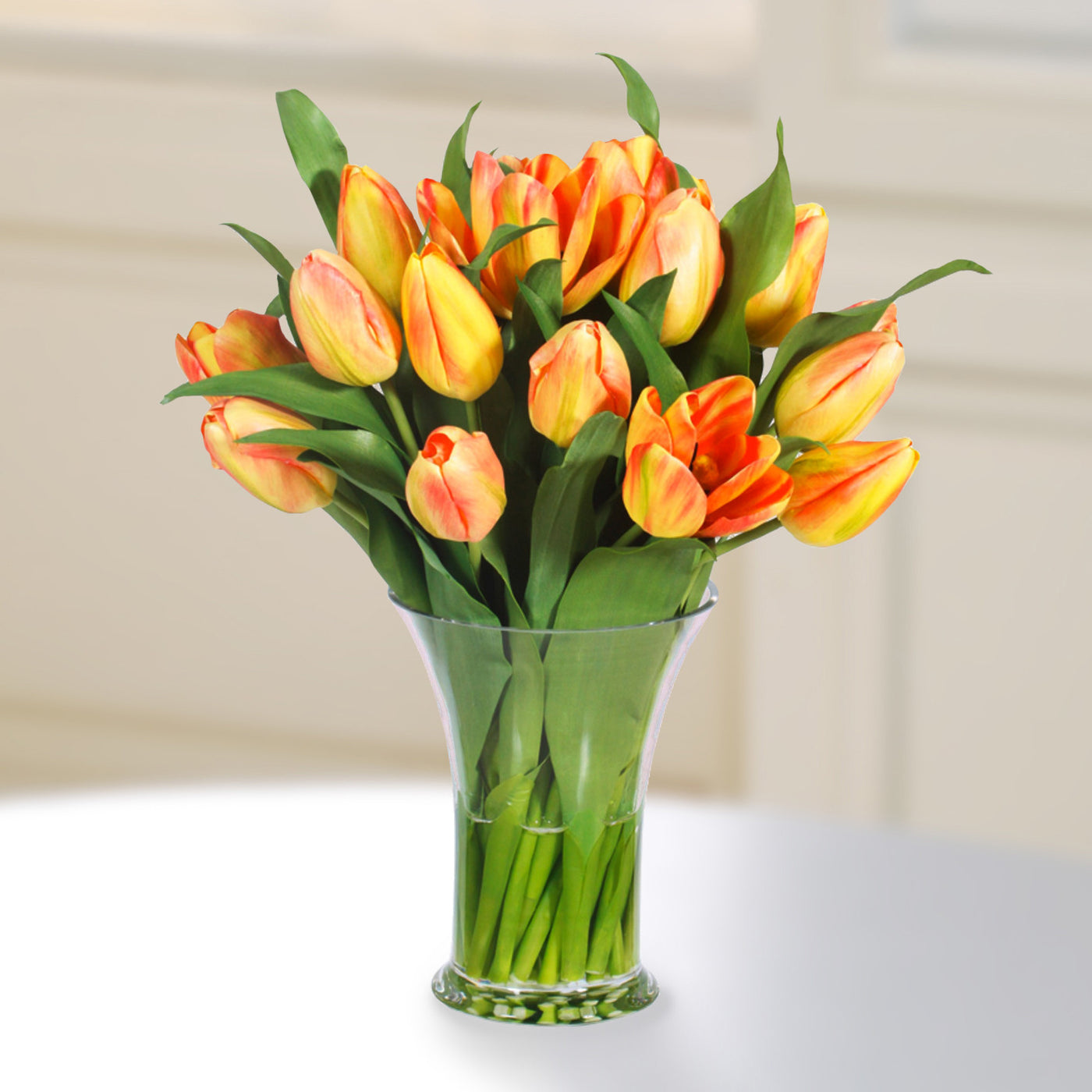 luxury faux tulips arrangement in glass vase