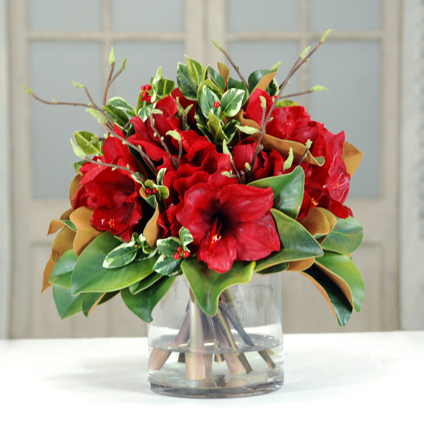 AMARYLLIS AND MAGNOLIA IN GLASS (WHXDP069-RD) - Winward Home faux floral arrangements