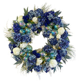 deluxe pre-decorated faux hydrangea holiday wreath with ornaments
