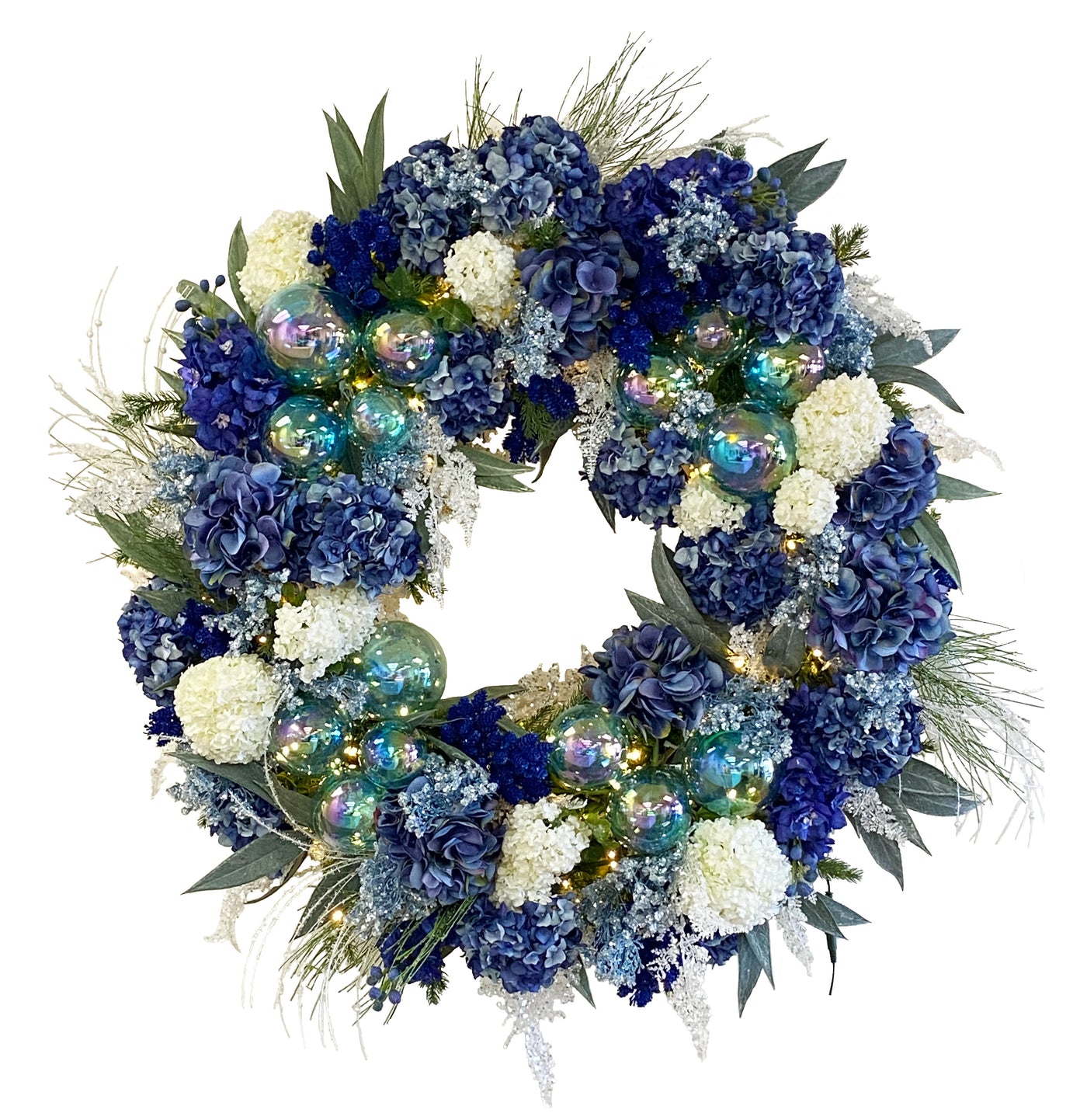 deluxe pre-decorated faux hydrangea holiday wreath with ornaments