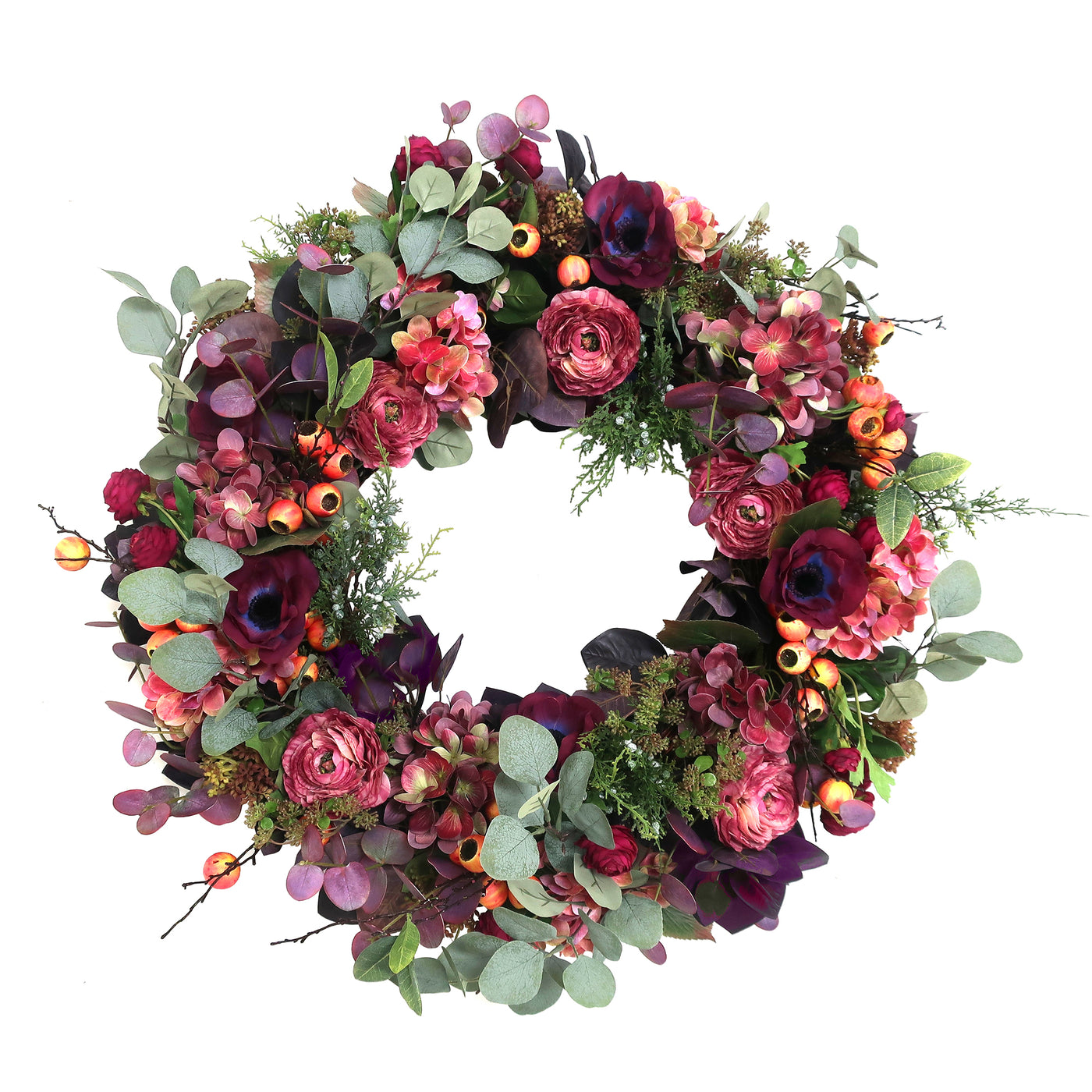 faux eucalyptus wreath with ranunculus and poppy