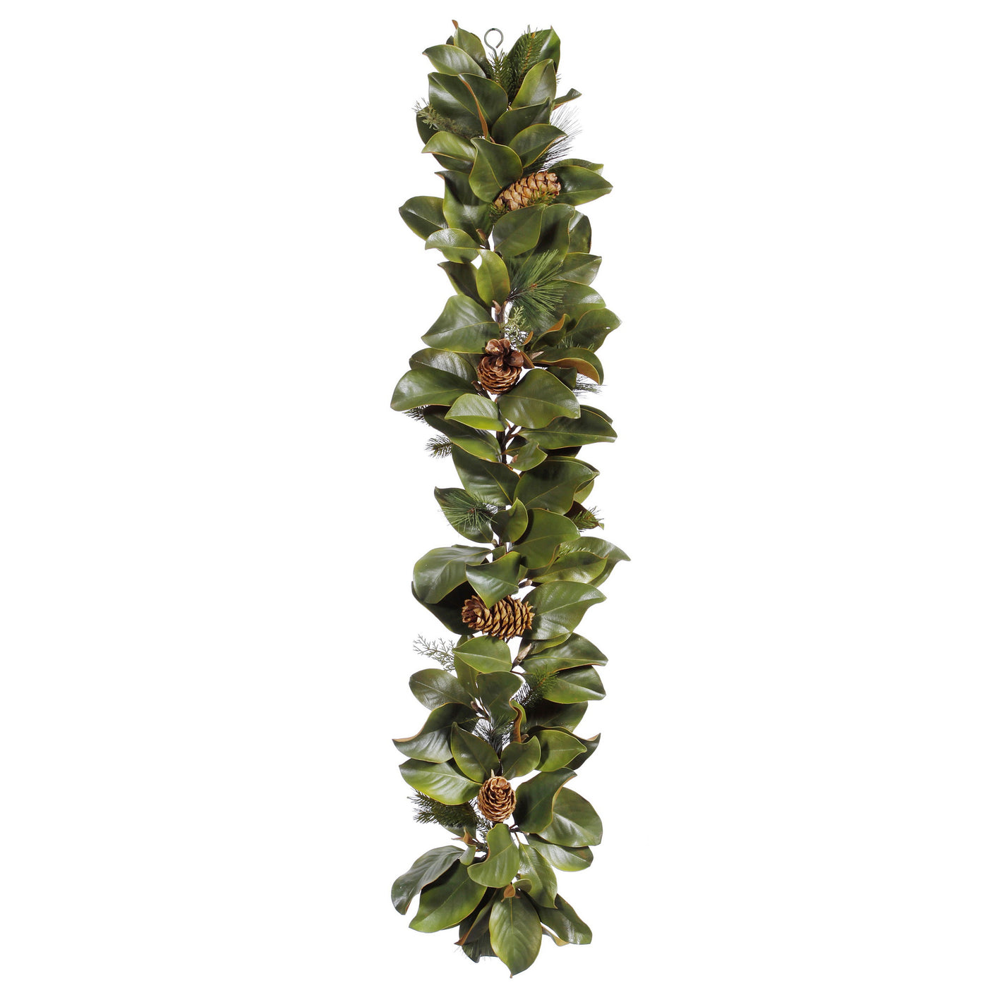 Realistic faux magnolia and pine cone holiday garland